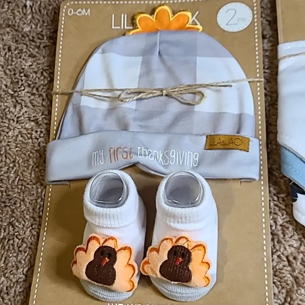 Lila & Jack 2 Sets, one w/2 Thanksgiving Bibs, and second set of booties…